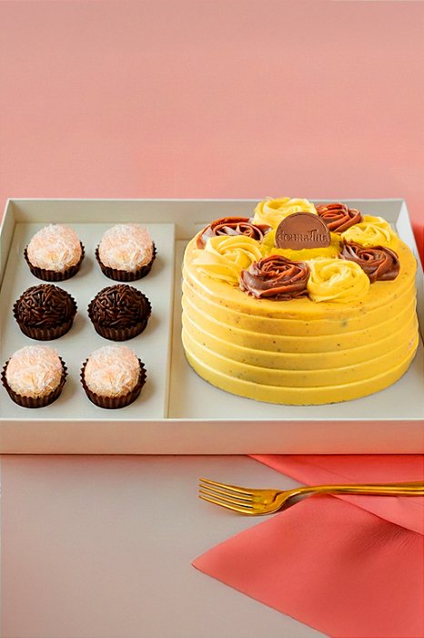 Festa na Caixa - Bolo Maracujá 500g, 3 brigadeiros tradicionais e 3 beijinhos