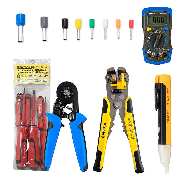 Kit Eletricista Completo com Alicates Chaves Detector e 1200 Terminais Ilhós