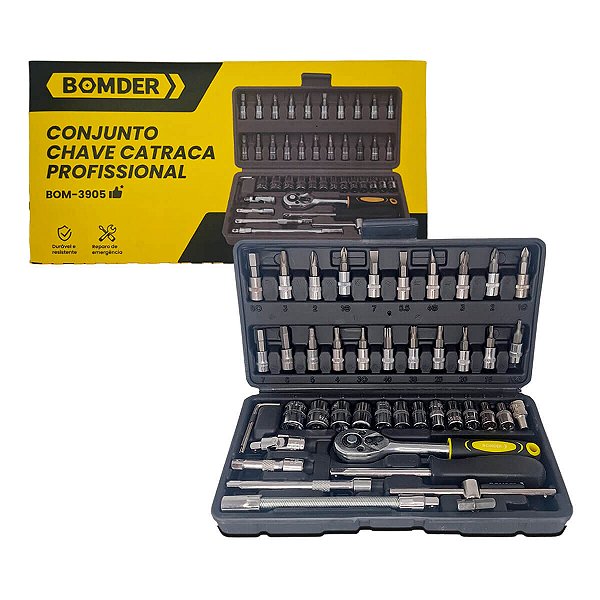 Jogo de Chave Catraca Profissional com 46 Peças Soquetes Bits e Maleta