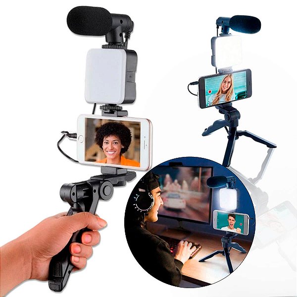 Kit de Gravação para Celular 5 em 1 com Tripé Microfone Luz LED e Controle Remoto