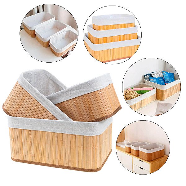 Kit de Cestos de Bambu 3 Peças com Forro para Cozinha e Banheiro