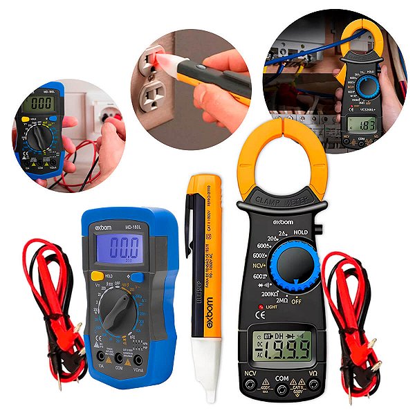 Kit Eletricista Profissional 3 Peças Multímetro Alicate Amperímetro Detector