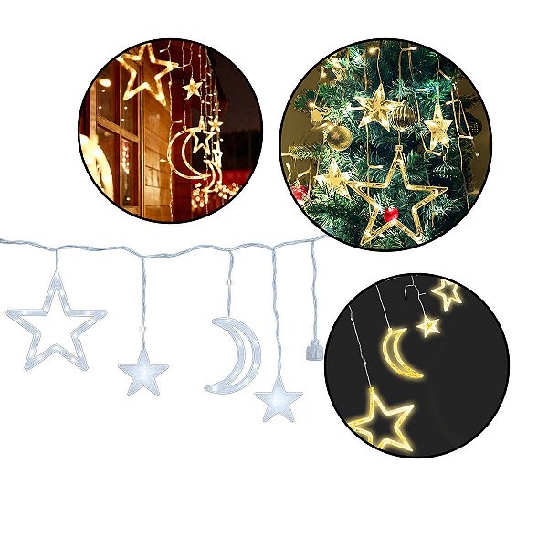 Cascata Led com Estrelas e Lua Decoração de Natal 220v