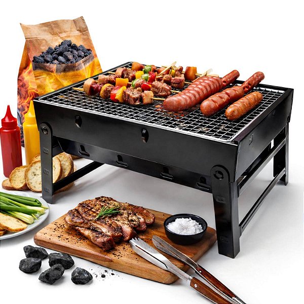 Churrasqueira Portátil Dobrável Tipo Maleta com Grelhas e Alça