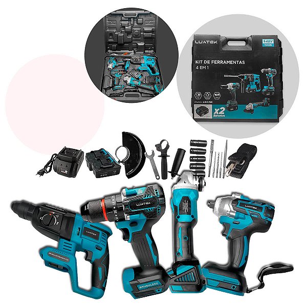 Kit 4 Ferramentas 48V Completo com 2 Baterias 4.0Ah Alta Potência