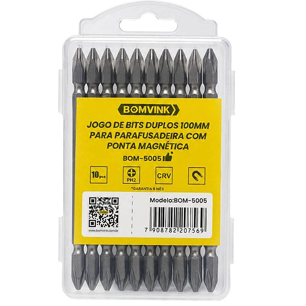 Jogo Bits PH2 Duplo 100mm Magnético Aço CRV 10 Peças