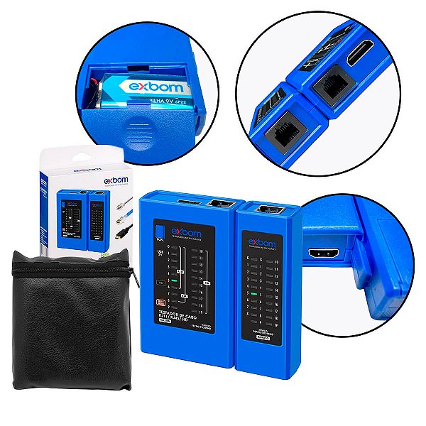Testador Profissional de Cabos RJ45 RJ11 HDMI 3 em 1 com Estojo e Bateria 9V