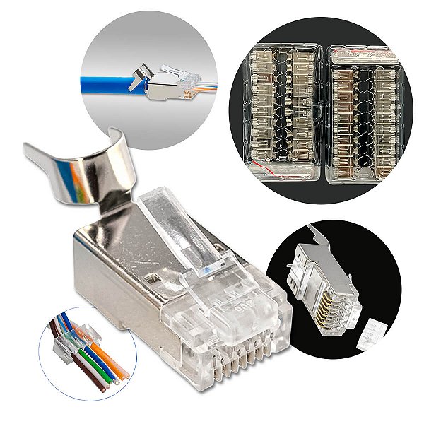 Kit 40 Conectores RJ45 Blindados Vazados CAT6 CAT6A CAT7 com Guias de Fios
