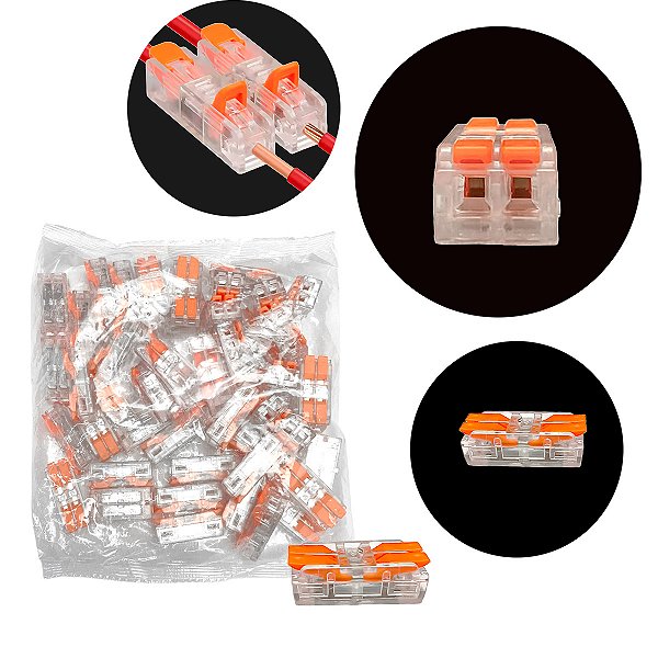 Conector de Emenda Linear 2 Vias Conexão Rápida para Fios Kit com 100 Unidades