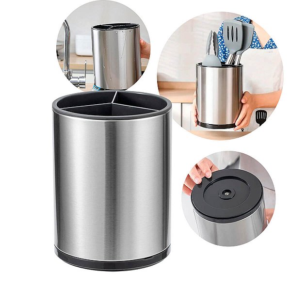 Porta Talheres Inox Giratório 360° com 3 Divisórias e Sistema de Drenagem
