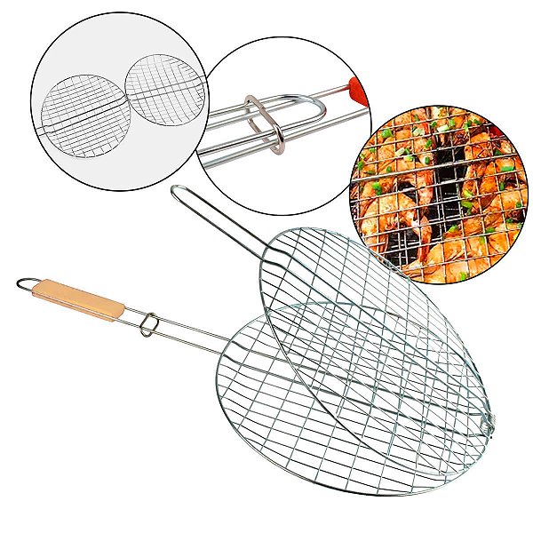 Grelha Dupla para Churrasco em Inox 31x31cm com Cabo de Madeira e Trava