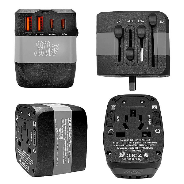 Carregador Adaptador Universal de Tomada para Viagem com Múltiplas Entradas