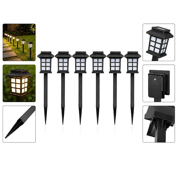 Kit 6 Luminárias Solares Led para Jardim com Espeto Luz Branco Quente Automática