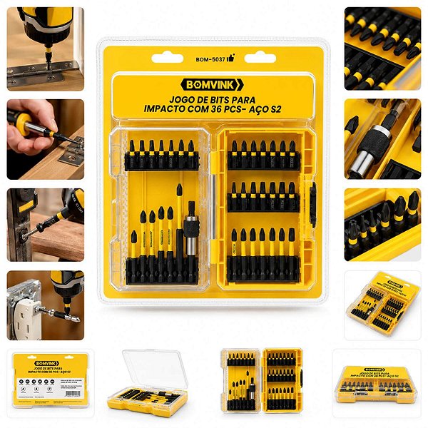 Kit Jogo de Bits para Parafusadeira de Impacto 36 Peças em Aço S2 com Estojo
