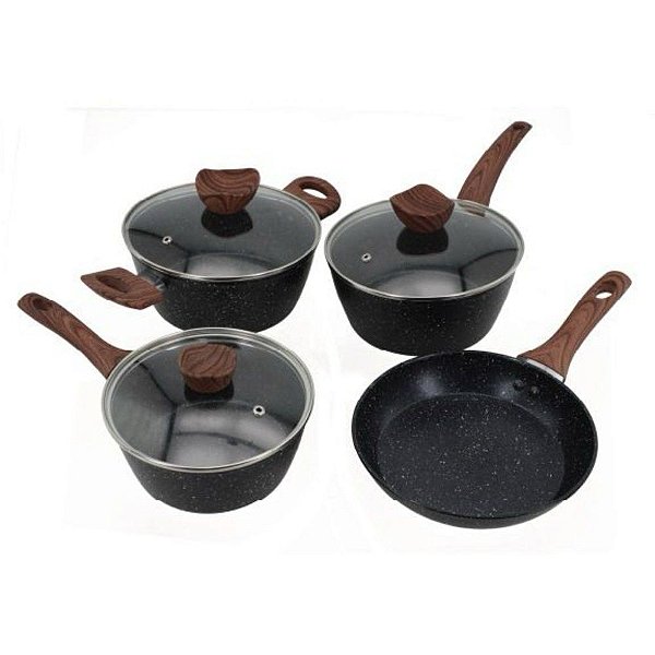 Conjunto de Panelas Antiaderente Stone 4 Peças com Tampa de Vidro Indução