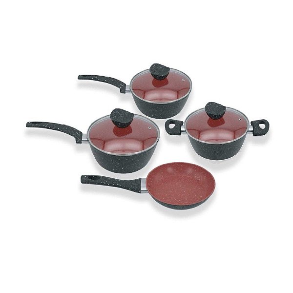 Conjunto de Panelas Stone 4 Peças Antiaderente Indução Preto e Vermelho
