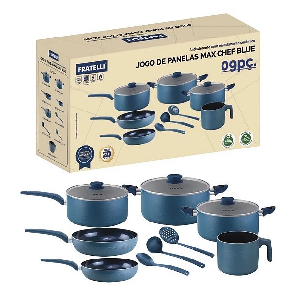 Jogo de Panelas Cerâmicas Antiaderente 9 Peças Indução Max Chef Azul