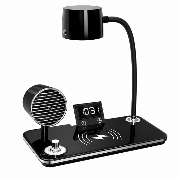 Luminária de Mesa LED 4 em 1 Preta Bluetooth Relógio Alarme e Carregador por Indução