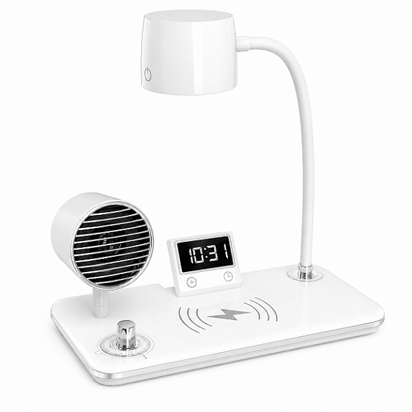 Luminária de Mesa LED 4 em 1 Branca Bluetooth Relógio Alarme e Carregador por Indução