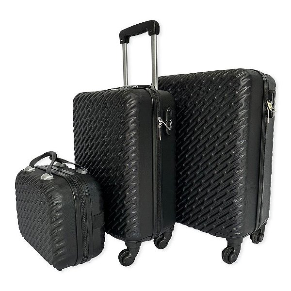 Kit 3 Malas de Viagem com Rodinhas 360 Graus e Cadeado Preta