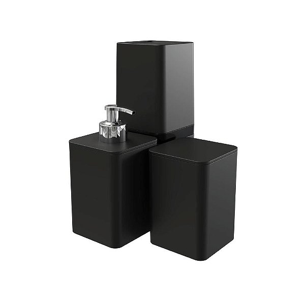 Kit Banheiro 3 Peças Dispenser Porta Escovas e Algodão Stolf Preto