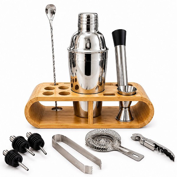 Kit Bartender com Coqueteleira 12 Peças e Suporte de Bambu para Drinks