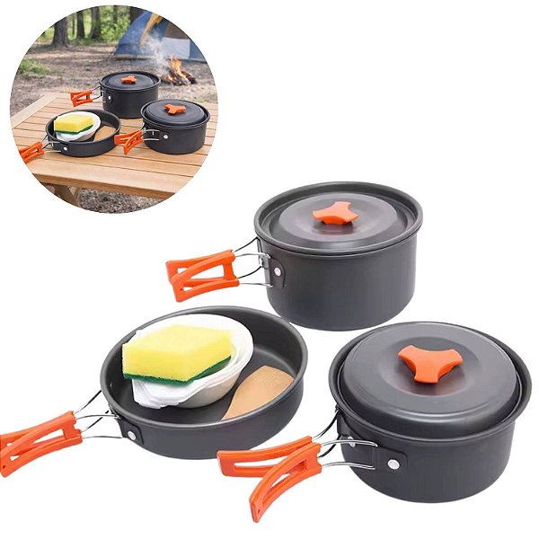 Kit Panelas para Camping 9 Peças com Frigideira Tigelas e Utensílios