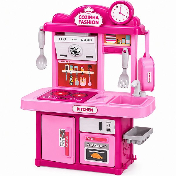 Cozinha Infantil 28 Peças com Pia Fogão Luz Som e Acessórios Rosa