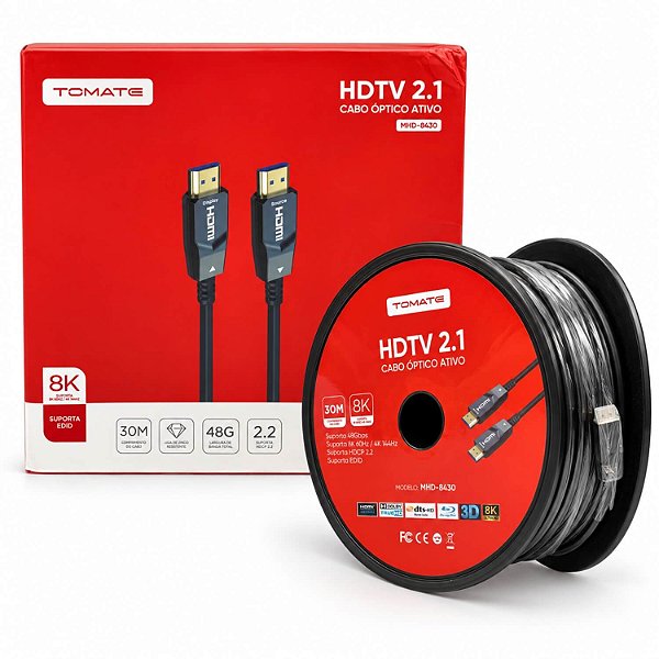 Cabo HDMI 2.1 Óptico Ativo 30 Metros 8K 60Hz 4K 144Hz 48Gbps