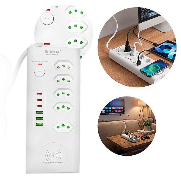Filtro de Linha 2500W com 3 USB 3 Tipo C Wireless e Cabo 2 Metros
