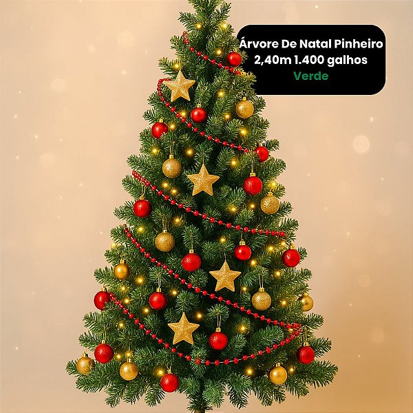 Árvore de Natal Pinheiro 2,40 Metros com 1400 Galhos e Base de Ferro Verde
