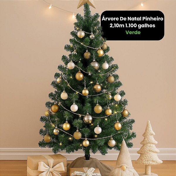 Árvore de Natal Pinheiro 2,10 Metros com 1100 Galhos e Base de Ferro Verde