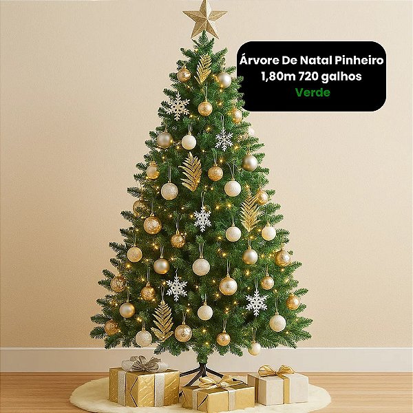 Árvore de Natal Pinheiro 1,80 Metros com 720 Galhos e Base de Ferro Verde