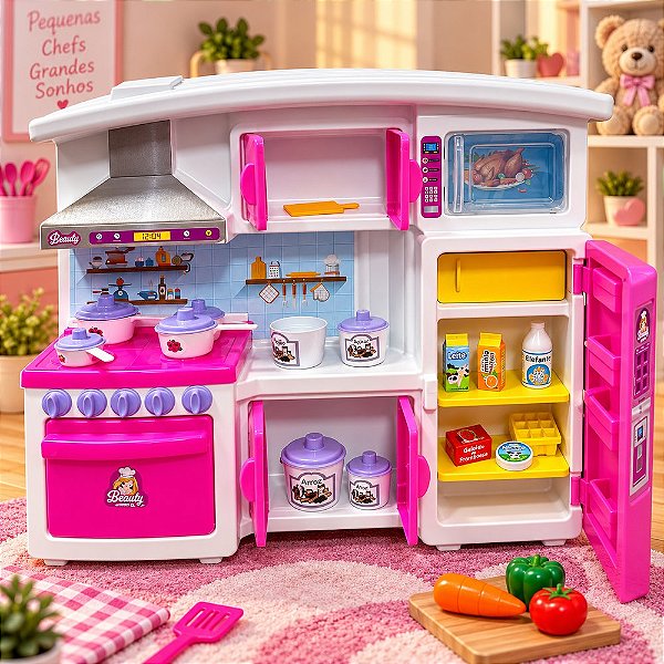 Cozinha Infantil com Panelas Potes e Mini Alimentos Rosa e Branco