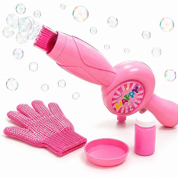 Lança Bolhas de Sabão Infantil Automático com Luz Rosa e Acessórios
