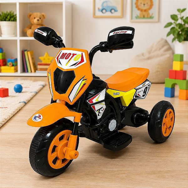 Moto Elétrica Infantil Cross 6V Laranja com Farol Led Som Frente e Ré