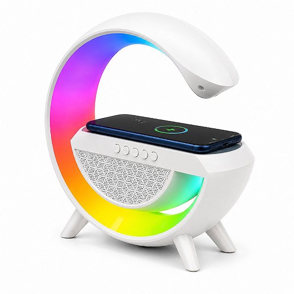 Caixa de Som Bluetooth com Led 7 Cores e Carregador Sem Fio Branca