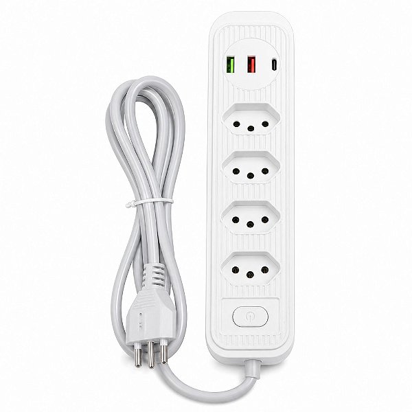Extensão Elétrica 2 Metros com 4 Tomadas 2 Entradas USB e Interruptor