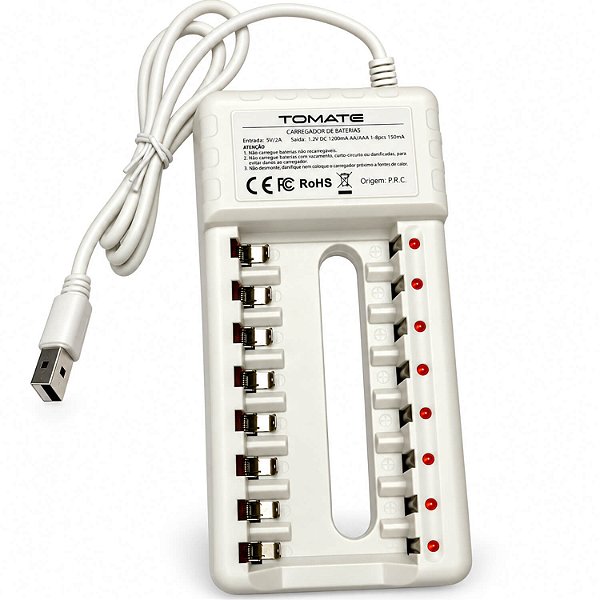 Carregador Inteligente para 8 Pilhas AA e AAA Recarregáveis com USB