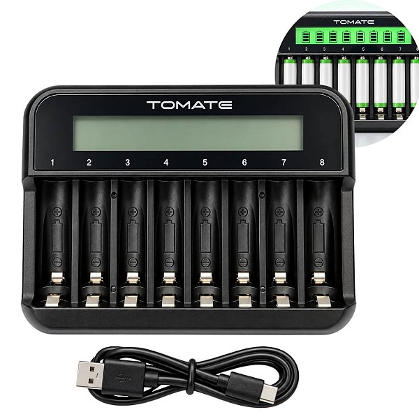 Carregador Inteligente para 8 Pilhas AA e AAA com Tela LCD e USB-C