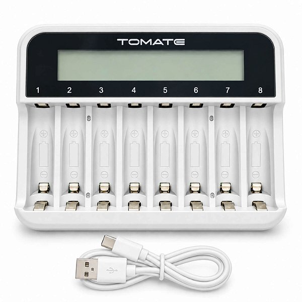 Carregador Inteligente para 8 Pilhas AA e AAA com Tela LCD e USB-C