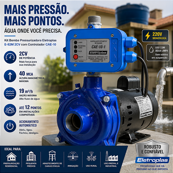Bomba Pressurizadora Água Eletroplas 2cv Até 12 Pontos 220v