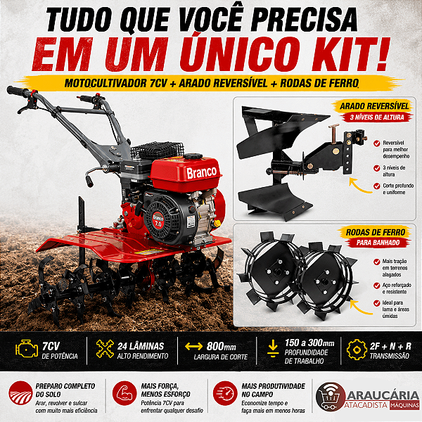 Motocultivador 7cv Branco Arado Reversível + Roda de Ferro