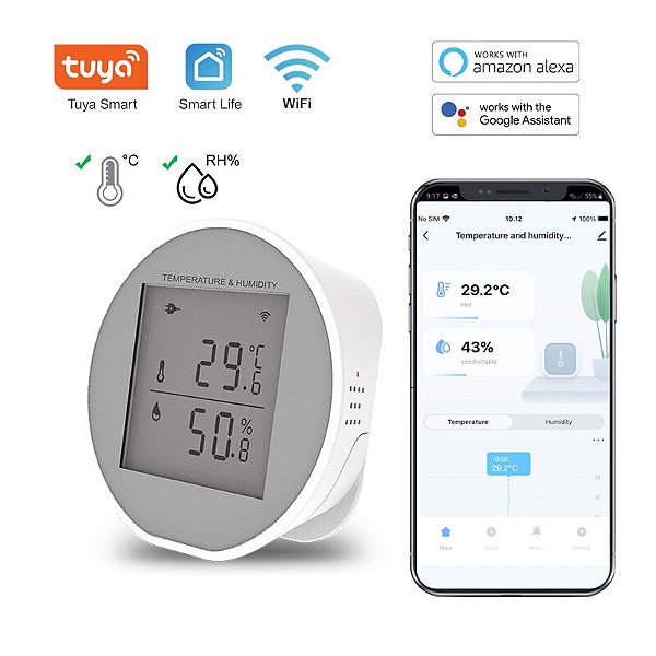 Sensor de Umidade Temperatura Interior Higrômetro Termômetro Detector Smart Life App TUYA Suporte Alexa Google Home