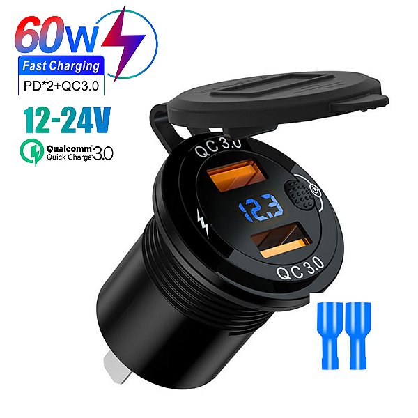 Carregador de Carro Duplo QC3.0 USB. de Carga Rápida, Interruptor de Voltímetro, Adaptador de Carga Rápida 12V/24V