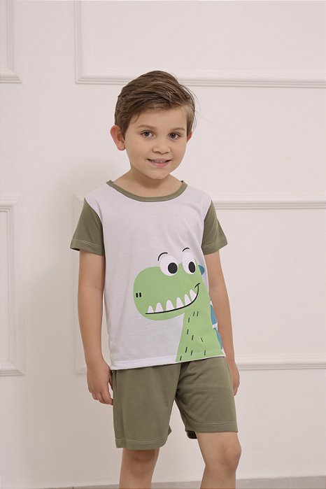 Pijama Masculino Infantil - Estampa de Dinossauro - Malha - Verde - N°10