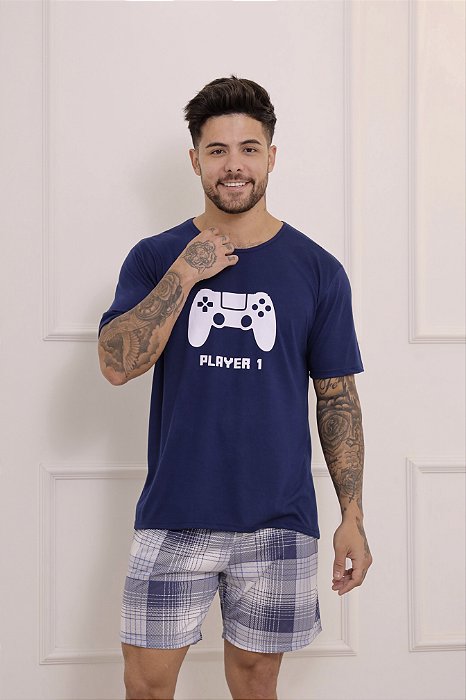 Pijama Masculino - Estampa Video game Pai - Filho - Malha - Azul - N°40 - (PP)