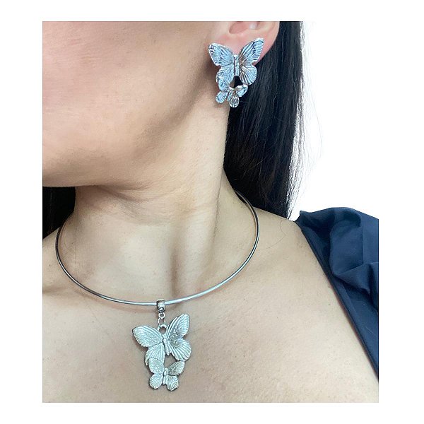 Conjunto Aro Choker e Brincos Borboleta Folheado à Prata