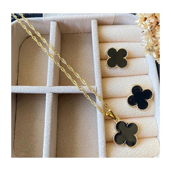 Conjunto Colar e Brincos Trevo Resinados Folheado a Ouro