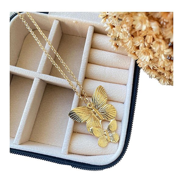 Colar Choker Borboleta Dupla Folheado a Ouro
